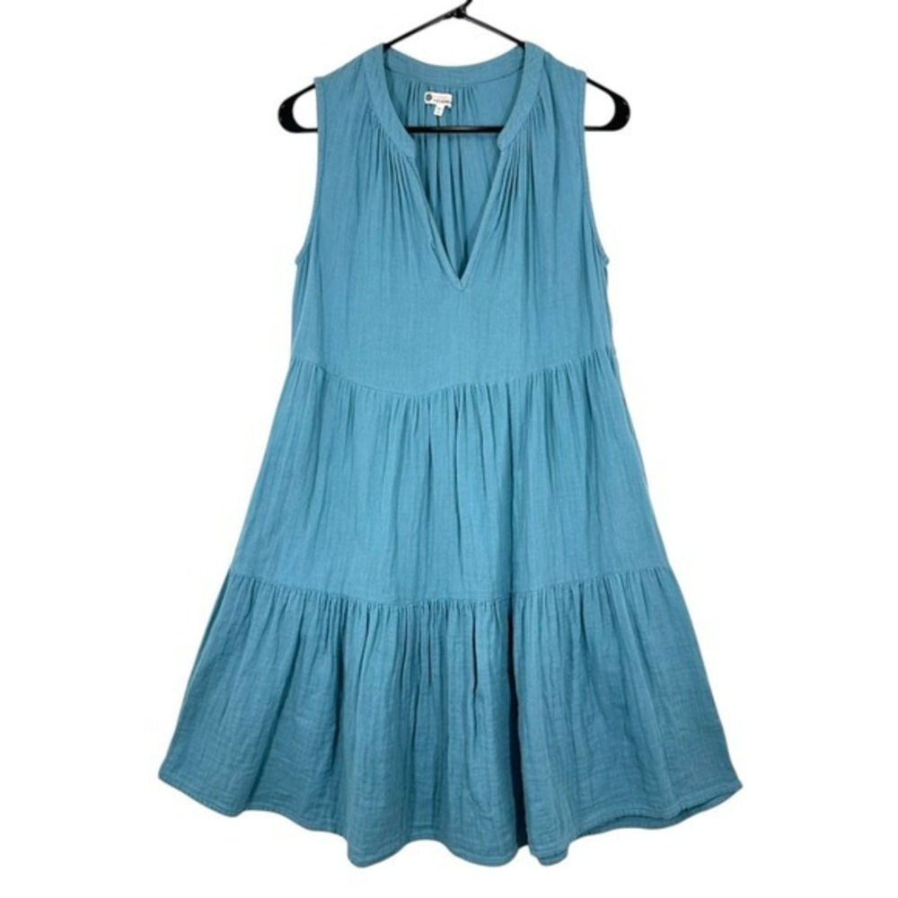 Sundry for Evereve Size 0 Light Blue Brushed Cotton Tiered V Neck Mini Dress